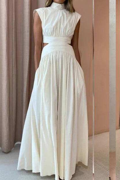 Solid Color Vintage Faux Neckline Pleated Maxi Dress 