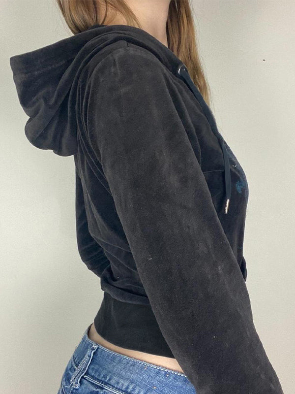 Grunge Velvet Hoodie mit Reißverschluss und Strassstein Muster