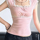 Pink Vintage Lace Trim Bow Square Neck Crop Top