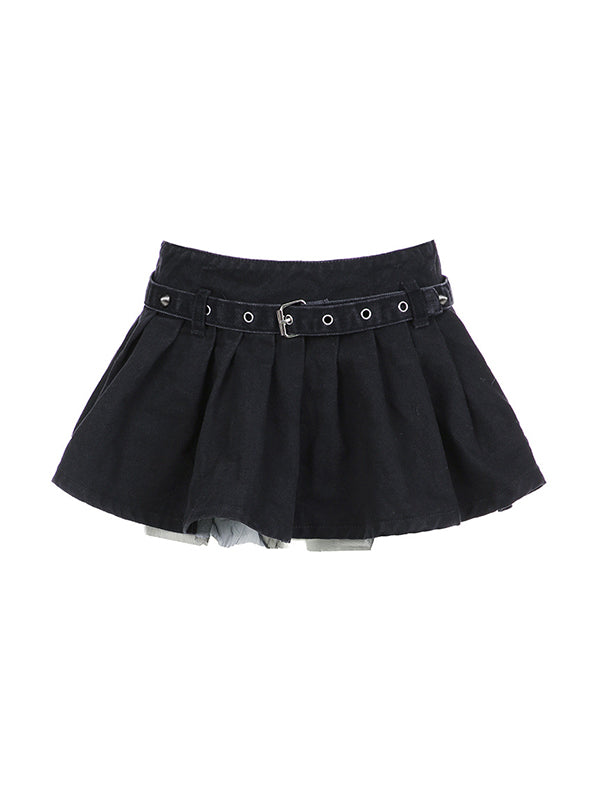 Black Sexy Denim Mesh Mini Skirt with Double Layer and Belt