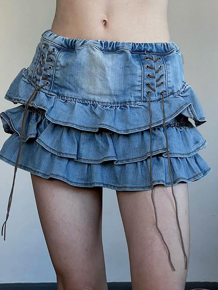 Minigonna in denim a strati a vita alta avvolgente blu vintage