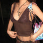 Brown vintage lace splice lace up tank top with v neck