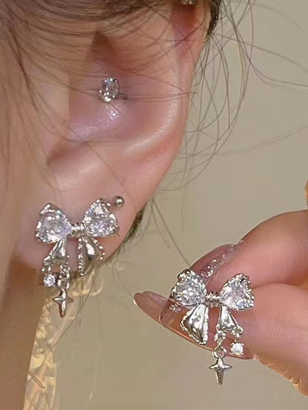 Glittering Bow Rhinestone Styling Stud Earrings