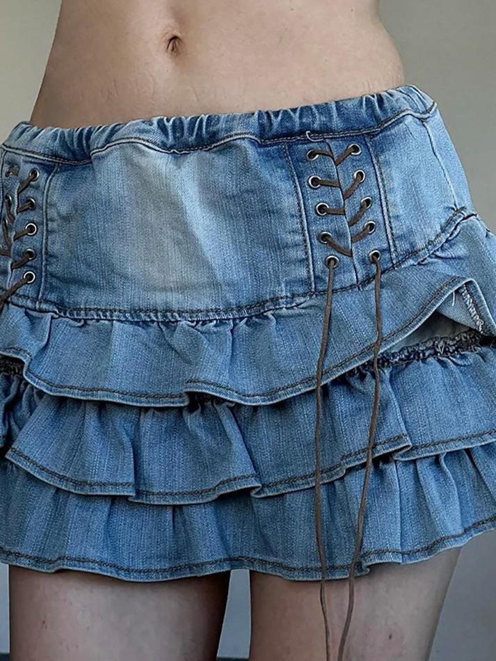 Minigonna in denim a strati a vita alta avvolgente blu vintage