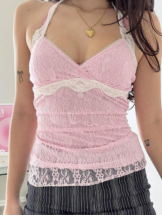 Rosa Spitze V-Ausschnitt Tank Top