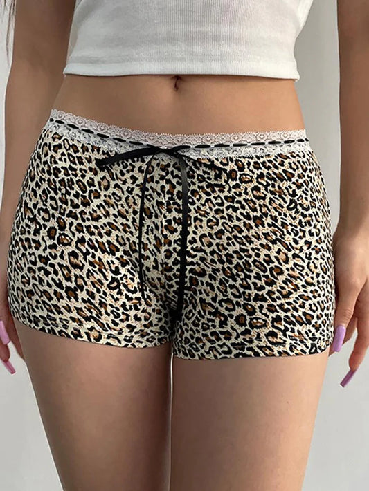 Punk Low Rise Leopardenmuster Shorts mit Spitzenbesatz