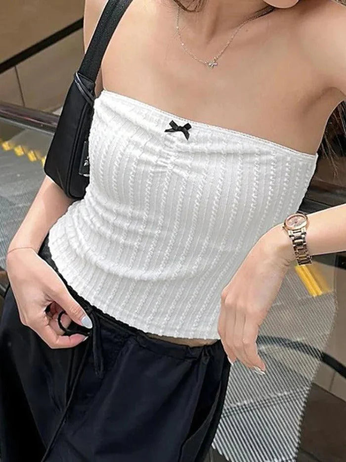 Weißes Französischer Schleife Bandeau Top mit Textur