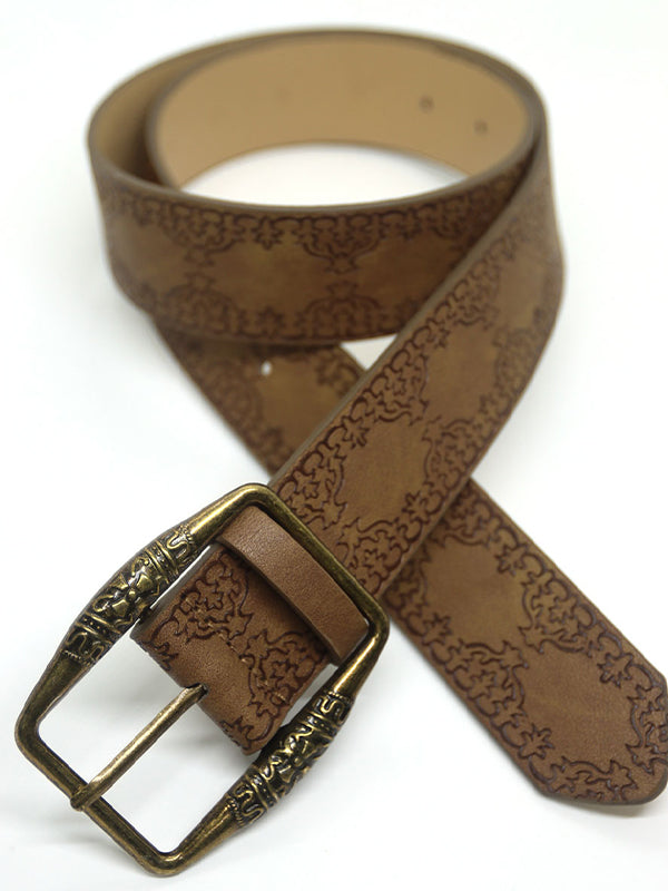 JY Brown Retro Distressed Embossed Ethnic Buckle Belt