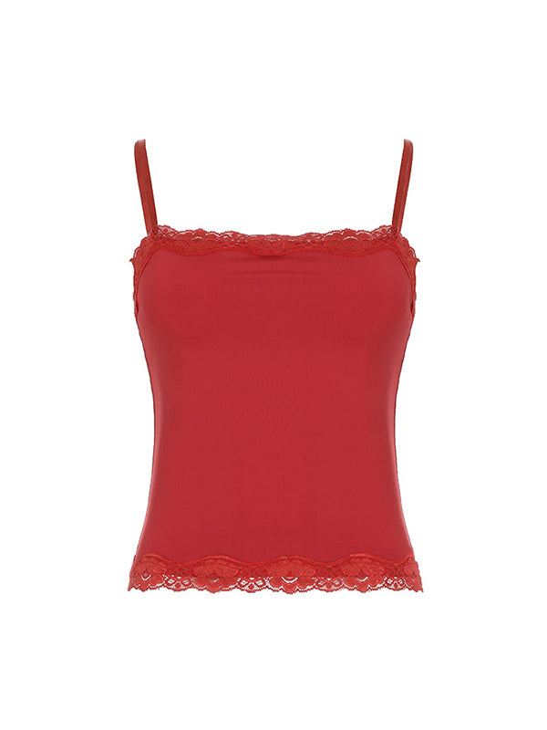 Rotes Vintage Schlankmachendes Spitzen Cami Top