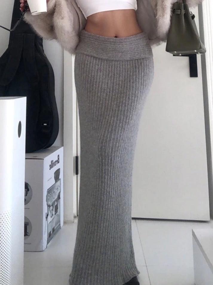 Grey Solid Low Rise Maxi Skirt with Folded Waistband