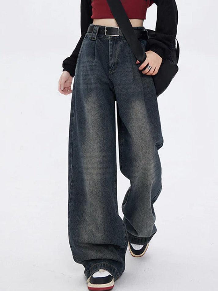 Dunkle Vintage Gewaschene Boyfriend Jeans mit Hoher Taille