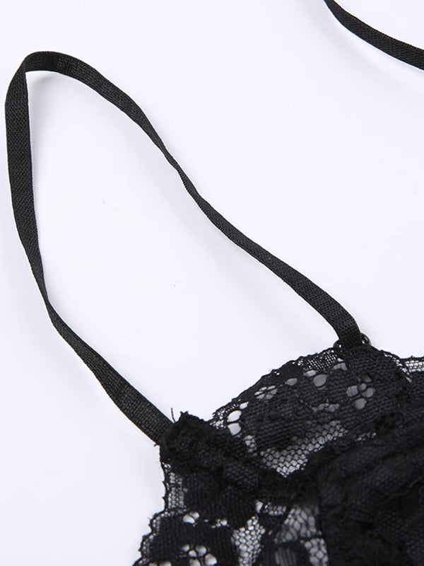 Top a corsetto con spacco e scollo a V in pizzo nero sexy