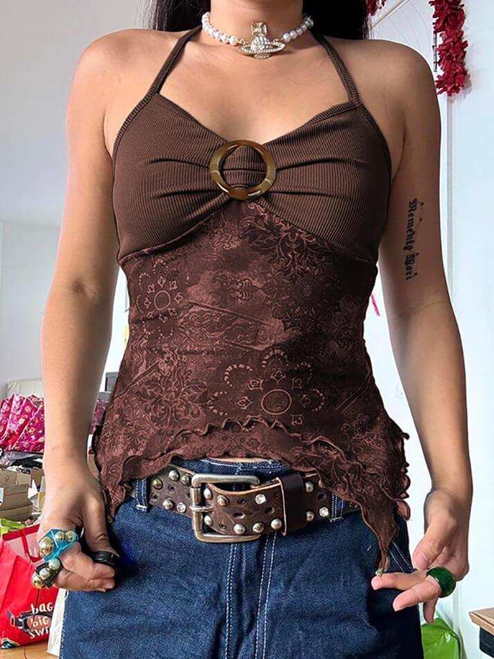 Vintage Halter Gerüscht Rückenfrei Patchwork Cami Top