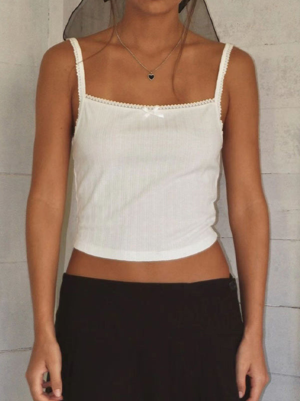 Weißes Y2K Slim Fit Cami Top mit Schleifen Spitze