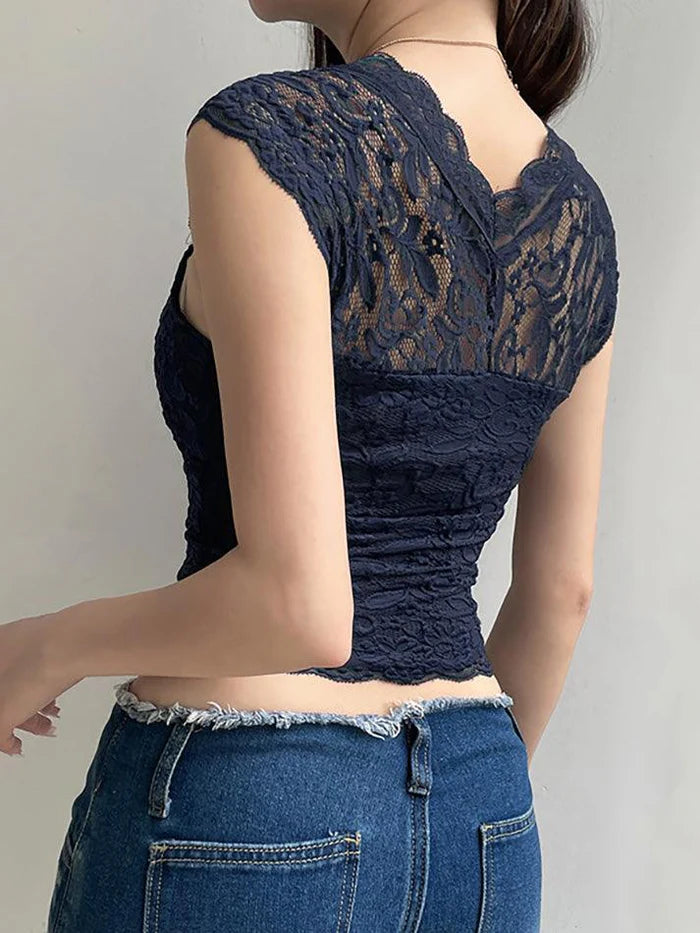 Navy Blue Vintage Lace Slim Short Sleeve Top