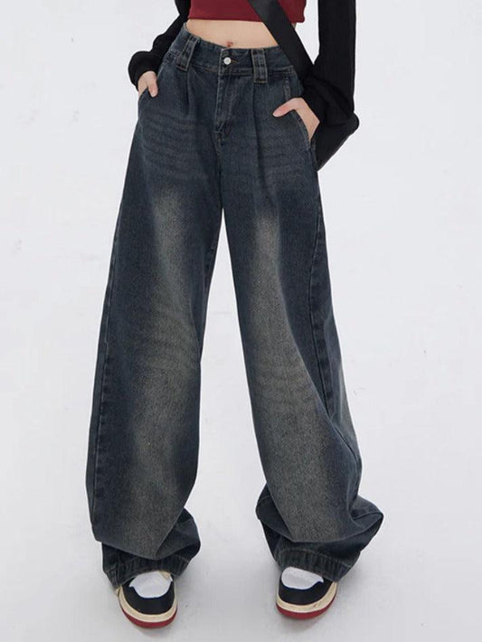 Dunkle Vintage Gewaschene Boyfriend Jeans mit Hoher Taille