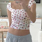 White Cute Pattern Print Slim Fit Crop Top