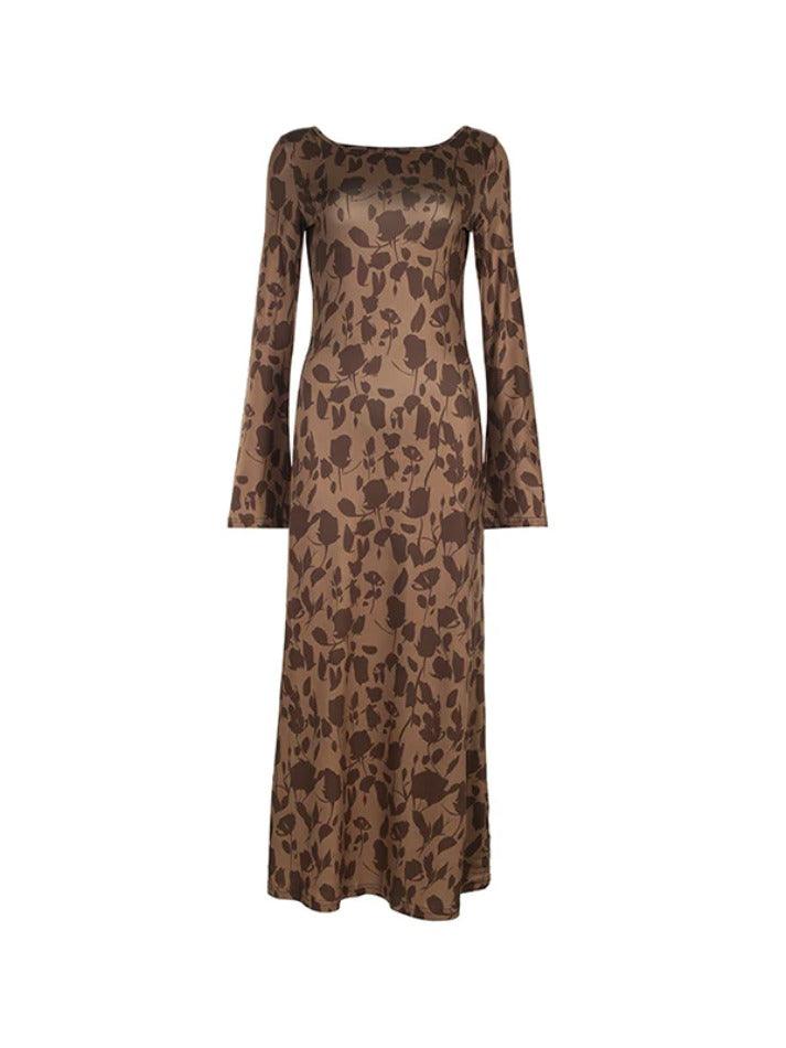 Brown Classic Print Maxi Dress with Trumpet Sleeves