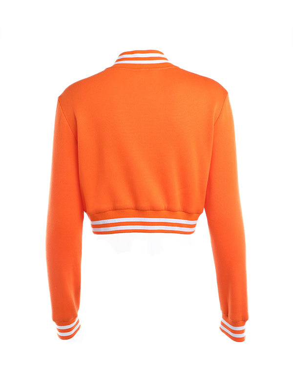 Orange Contrast Color Crop Varsity Jacket