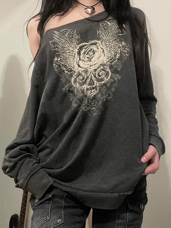 Classic Grey Sweatshirt with Niche Design and Vintage Rose