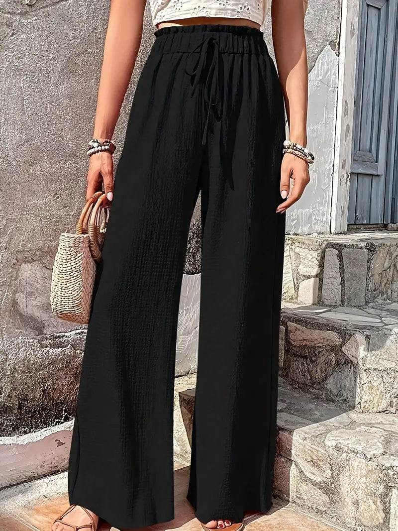 Pantaloni casual con coulisse tinta unita a vita alta 