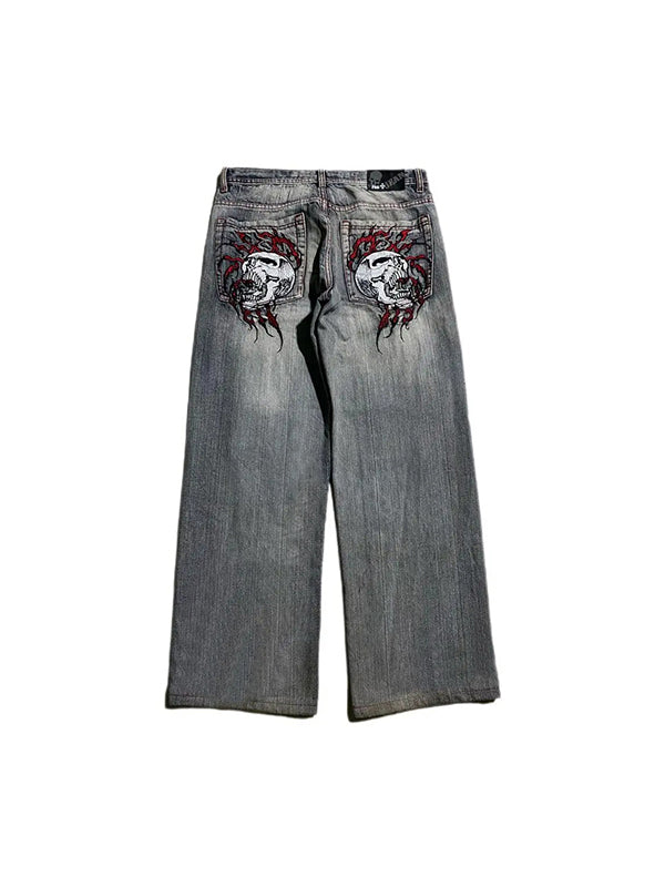 Blaue 2000s Boyfriend Baggy Jeans mit Skull Stickerei