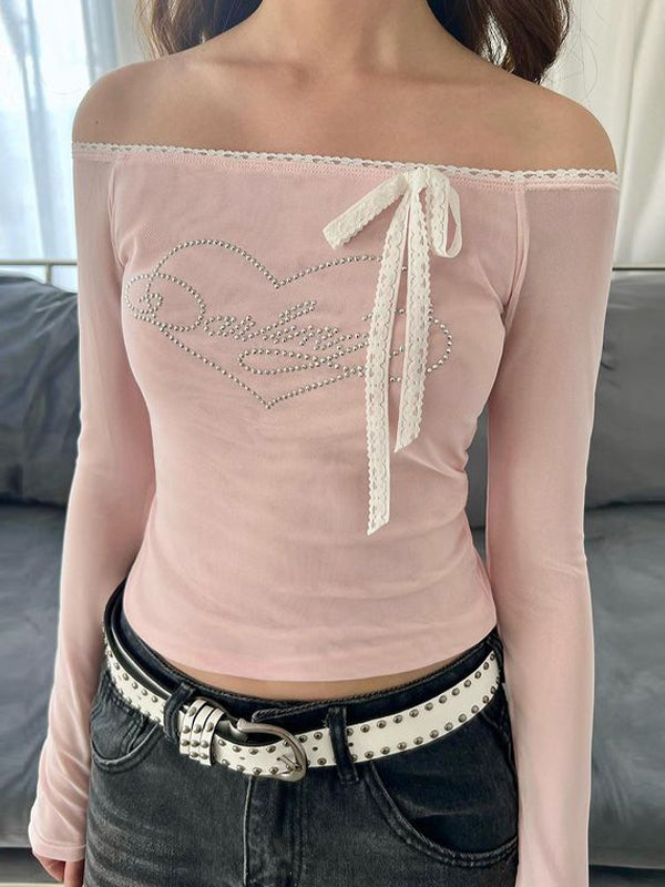 JY Vintage Lace Off Shoulder Heart Rhinestone Long Sleeve Tee/Vintage Lace Off Shoulder Heart Rhinestone Long Sleeve Shirt 