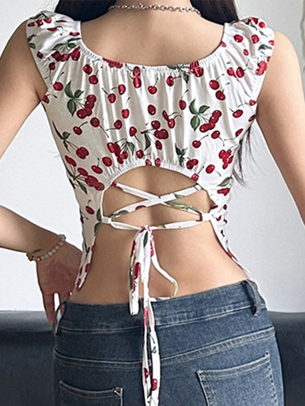 Y2k backless short sleeve crop top with cherry print