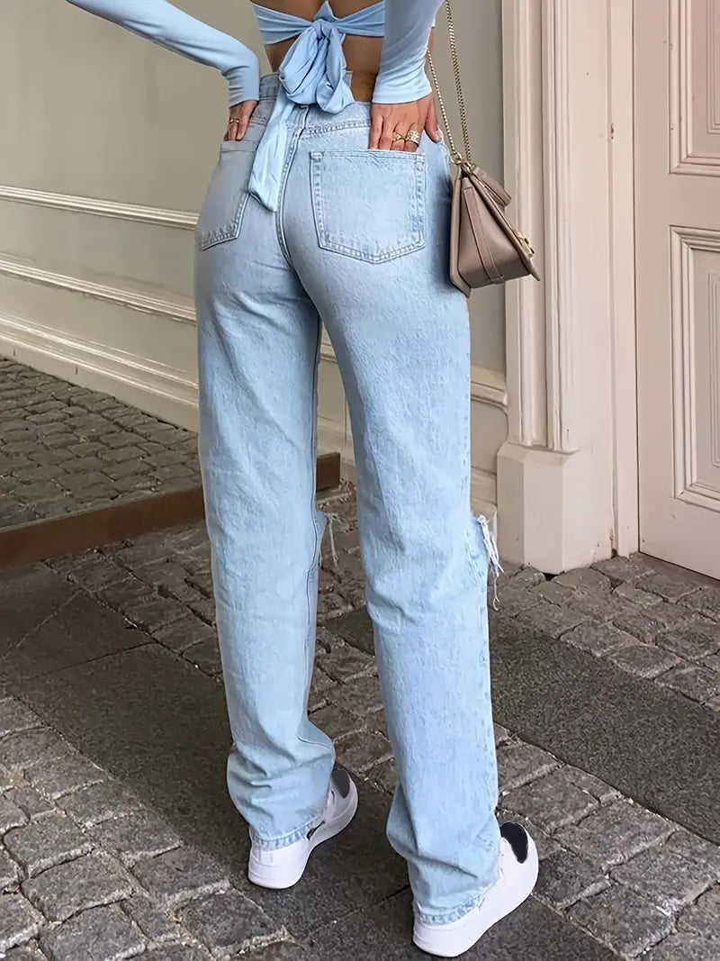 Hellblaue 2000er Y2k Boyfriend Jeans mit Zerrissenem Design