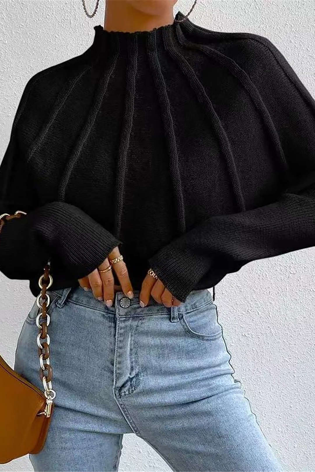 Solid Mock Neck Structured Batwing Sleeve Sweater