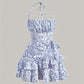 Blue French Floral Halter Dress with Tiered Ruffle Hem 