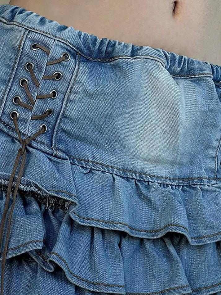 Minigonna in denim a strati a vita alta avvolgente blu vintage