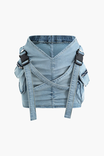 Blaue V-Taille Denim Cargo Rock mit Schnallenklappe Taschen