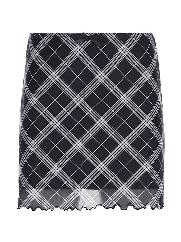 Blauer Vintage Plaid Mesh Minirock mit Schleife