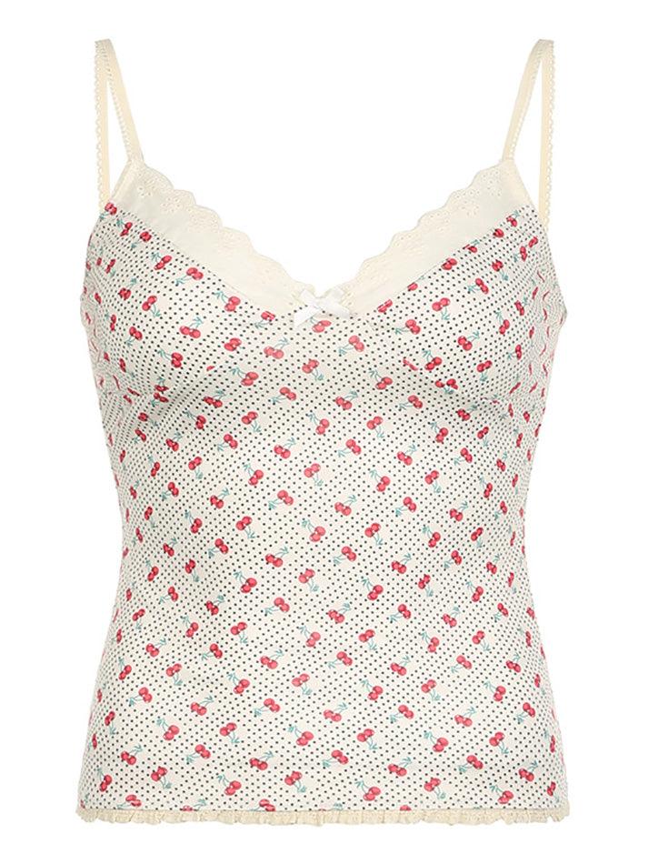 Bow lace tank top with cherry print