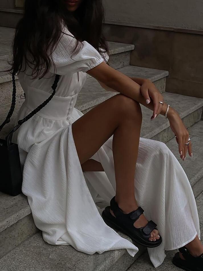 White French Button Front Slit Puff Sleeve Maxi Dress