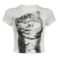 Vintage Cat Print Short Sleeve Crop Top