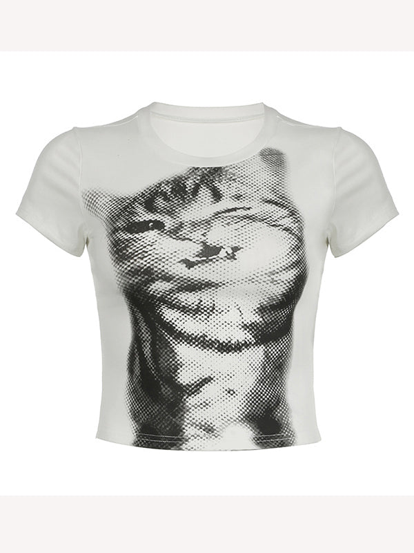 Vintage Cat Print Short Sleeve Crop Top