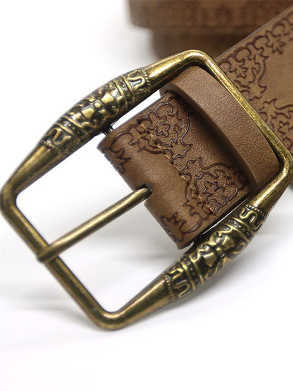 JY Brown Retro Distressed Embossed Ethnic Buckle Belt