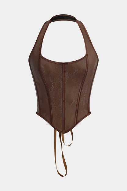 Brown Y2k faux snakeskin lace-up corset cami top 