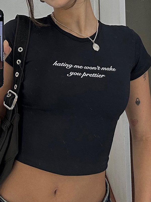 Schwarzes Vintage Spitzen Gespleißtes Kurzarm Crop Top mit Buchstabenaufdruck