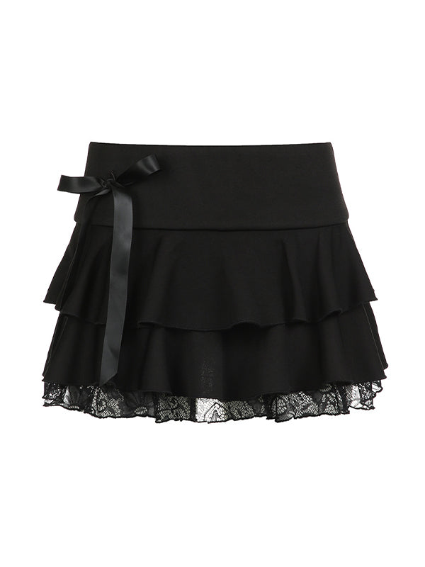 Black tiered mini skirt with lace bow