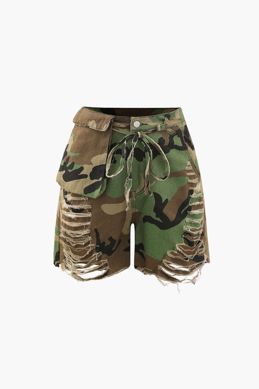 Retro Camo Destroyed Cargo Shorts with Lace-Up