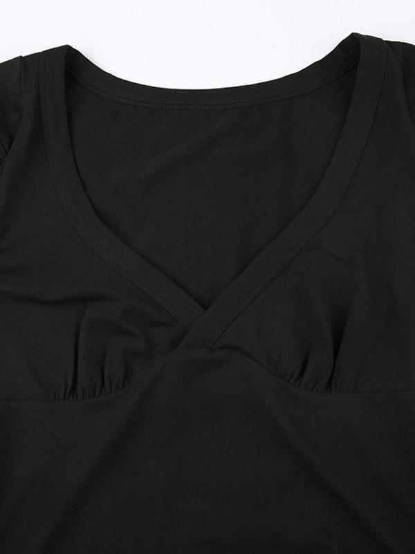 Black vintage V neck top with short sleeves