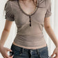 Khaki Vintage Bubble Sleeve V-Neck Top