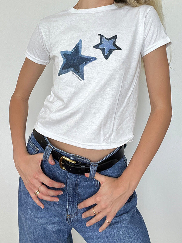 White Y2K star print short sleeve t-shirt