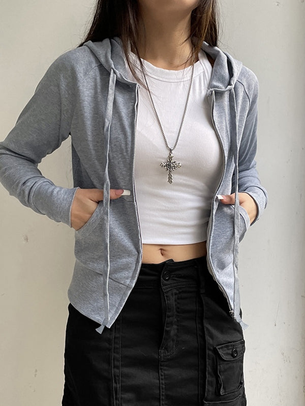 Grey Vintage Ribbed Zipper Drawstring Long Sleeve Hoodie