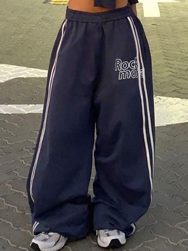Marine Blue 90s streetwear broek met strepen en brede been