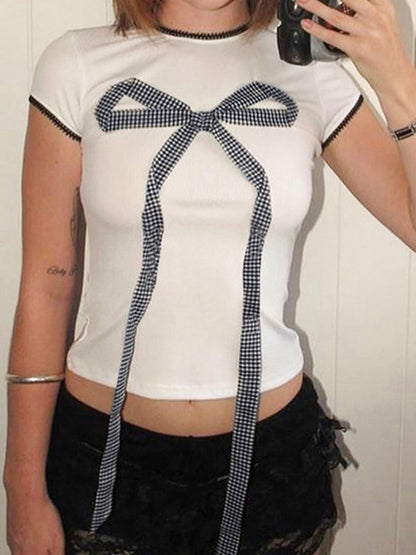 Mehrfarbiges Y2k Schleifen Print Kurzarm Shirt