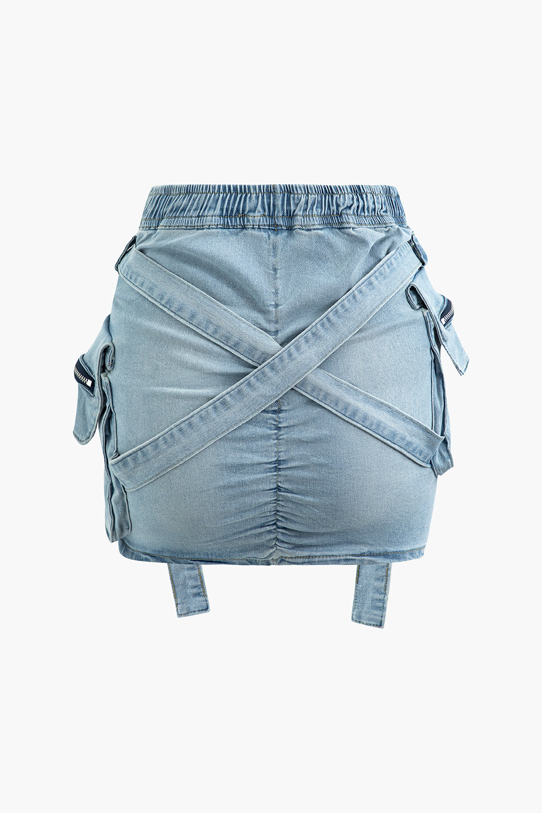 Blaue V-Taille Denim Cargo Rock mit Schnallenklappe Taschen